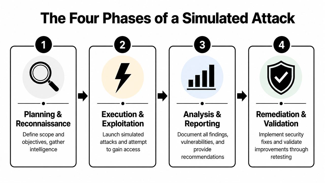 A four-step infographic illustrating the phases of a simulated attack including planning, execution, analysis, and remediation.
