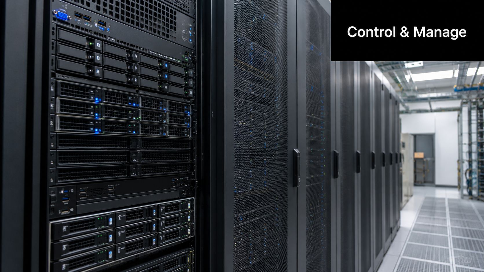 A modern data center server room with rows of black server racks containing high performance enterprise hardware.