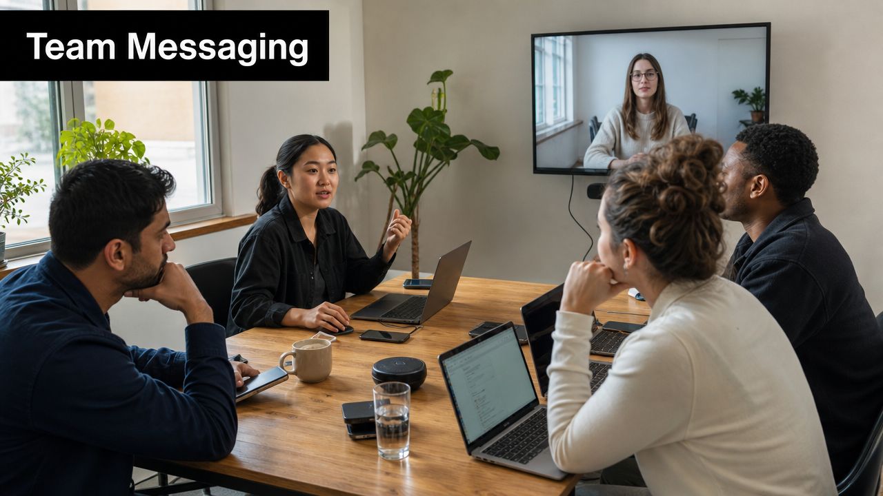 A diverse group of colleagues collaborating in a modern office meeting room with video conferencing equipment.