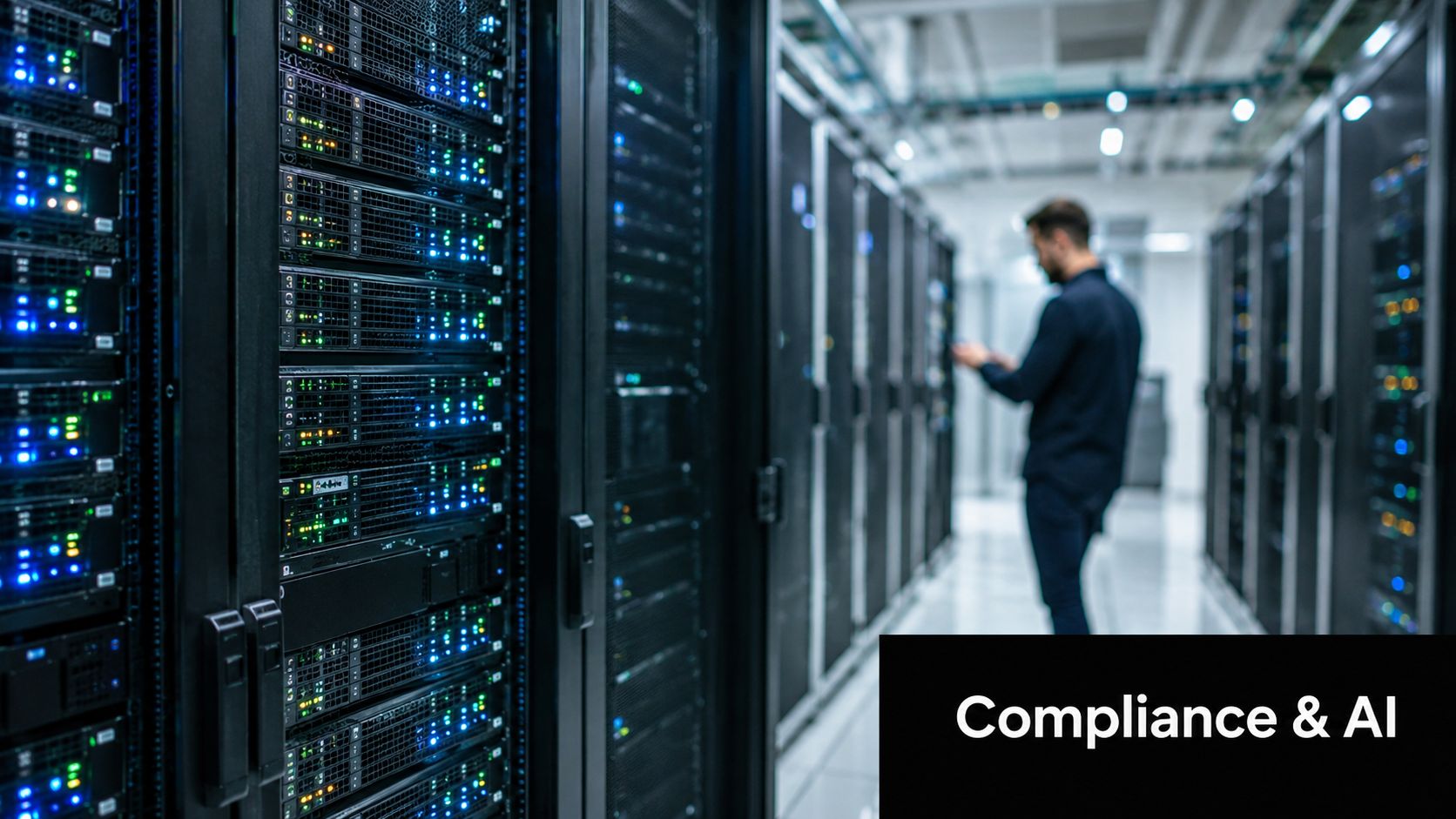 A technician working in a server room in front of illuminated server racks managing data centers.