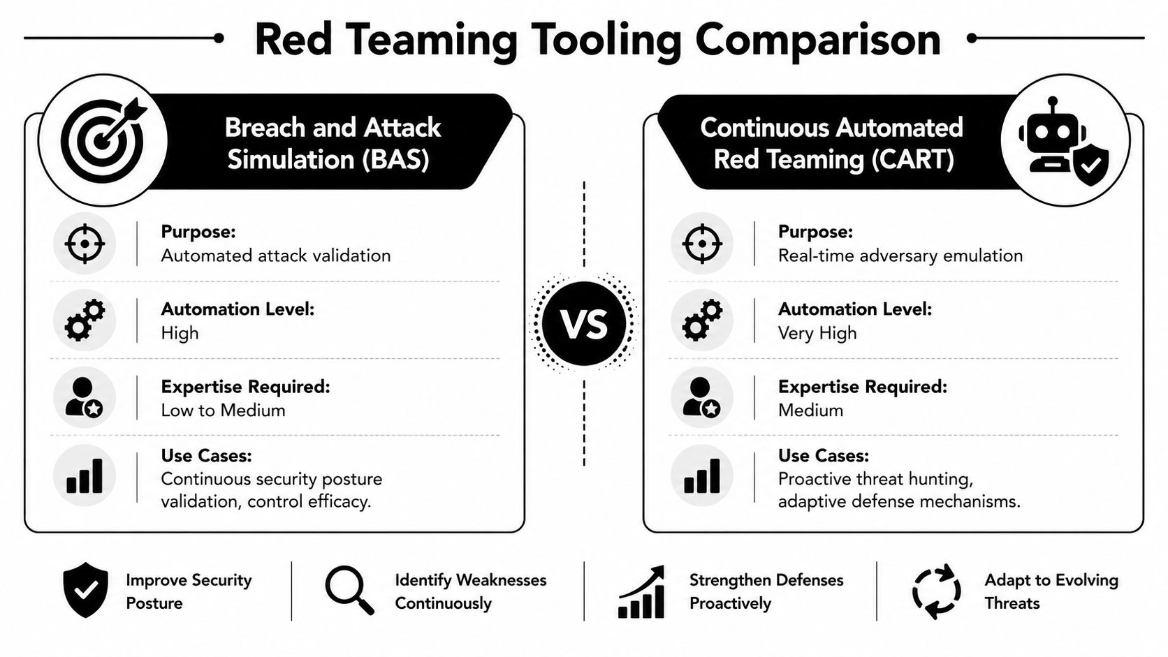 A comparison chart outlining the differences between Breach and Attack Simulation and Continuous Automated Red Teaming technologies.