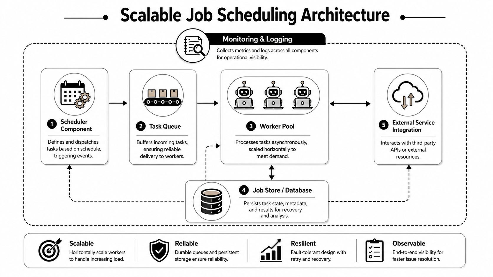 A diagram illustrating a scalable job scheduling architecture with five key components and four main system characteristics.
