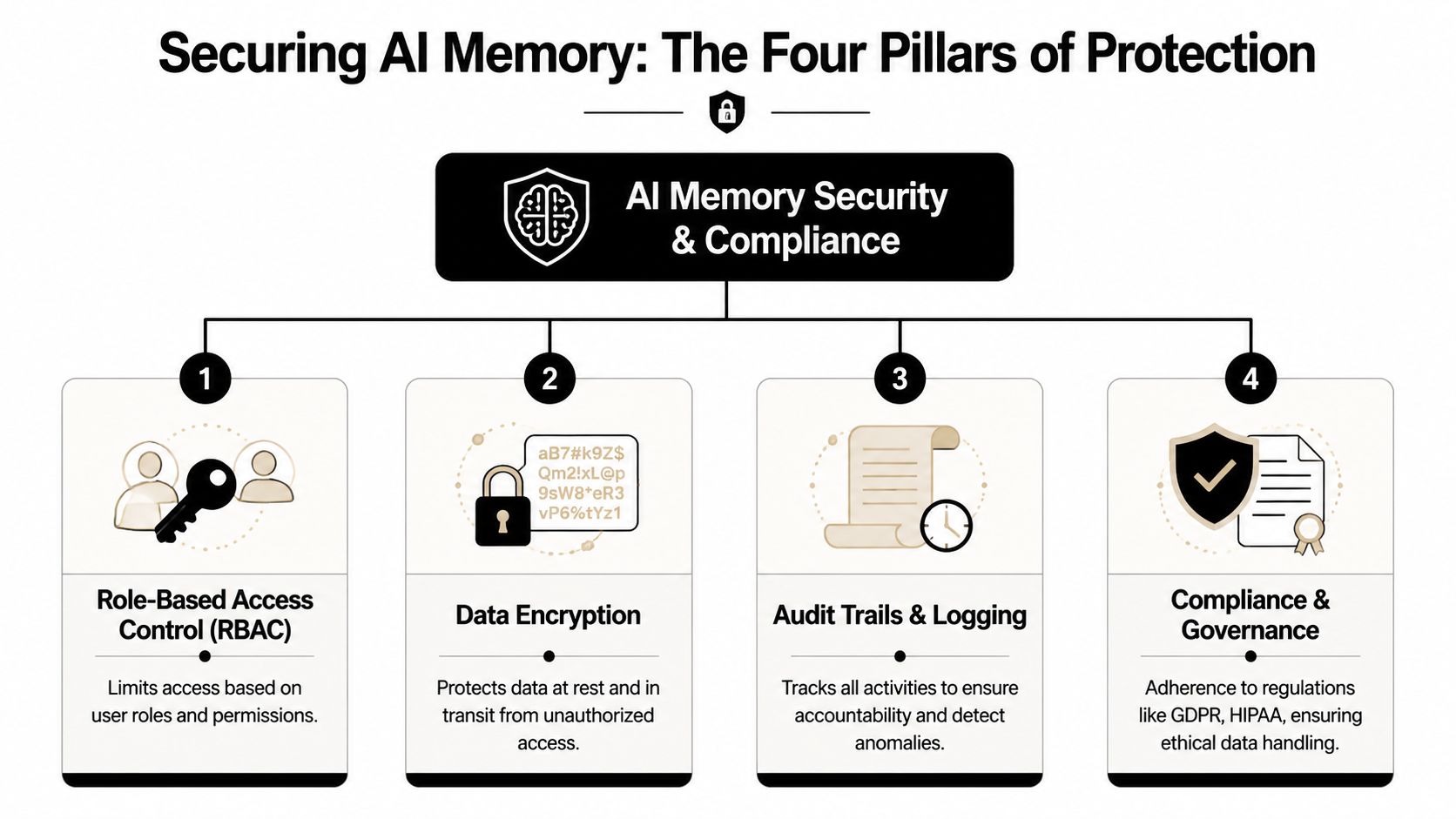 A diagram outlining the four pillars of AI memory security: RBAC, encryption, audit trails, and compliance.