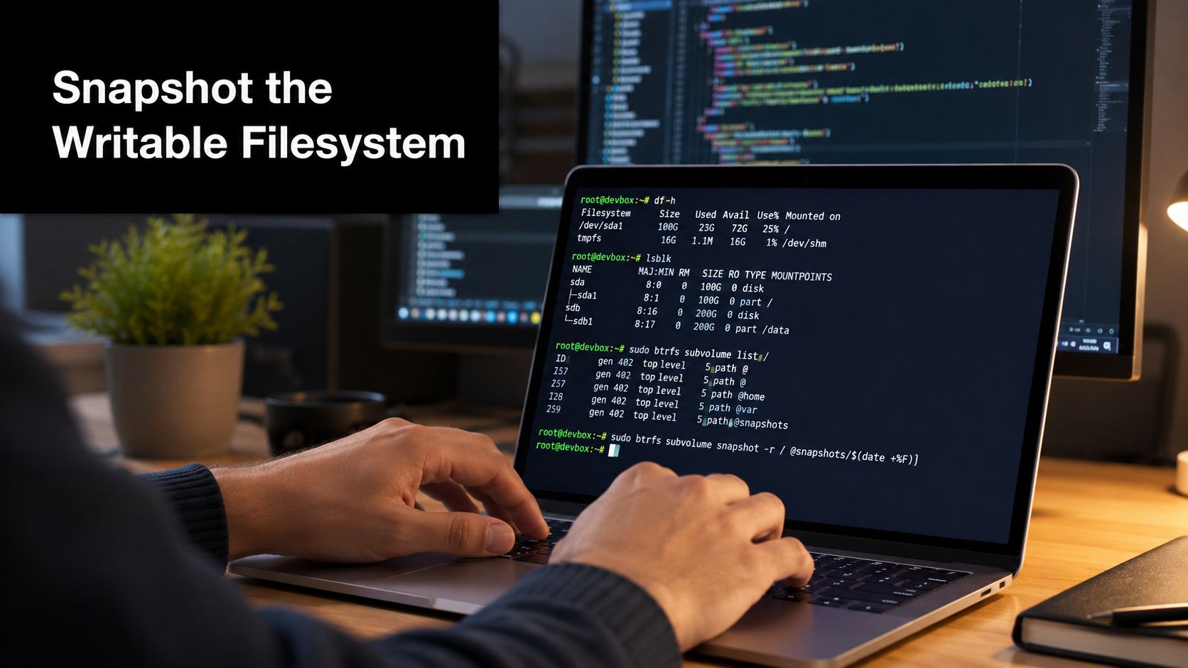 A developer typing a btrfs command on a laptop to snapshot a writable filesystem in Linux terminal.