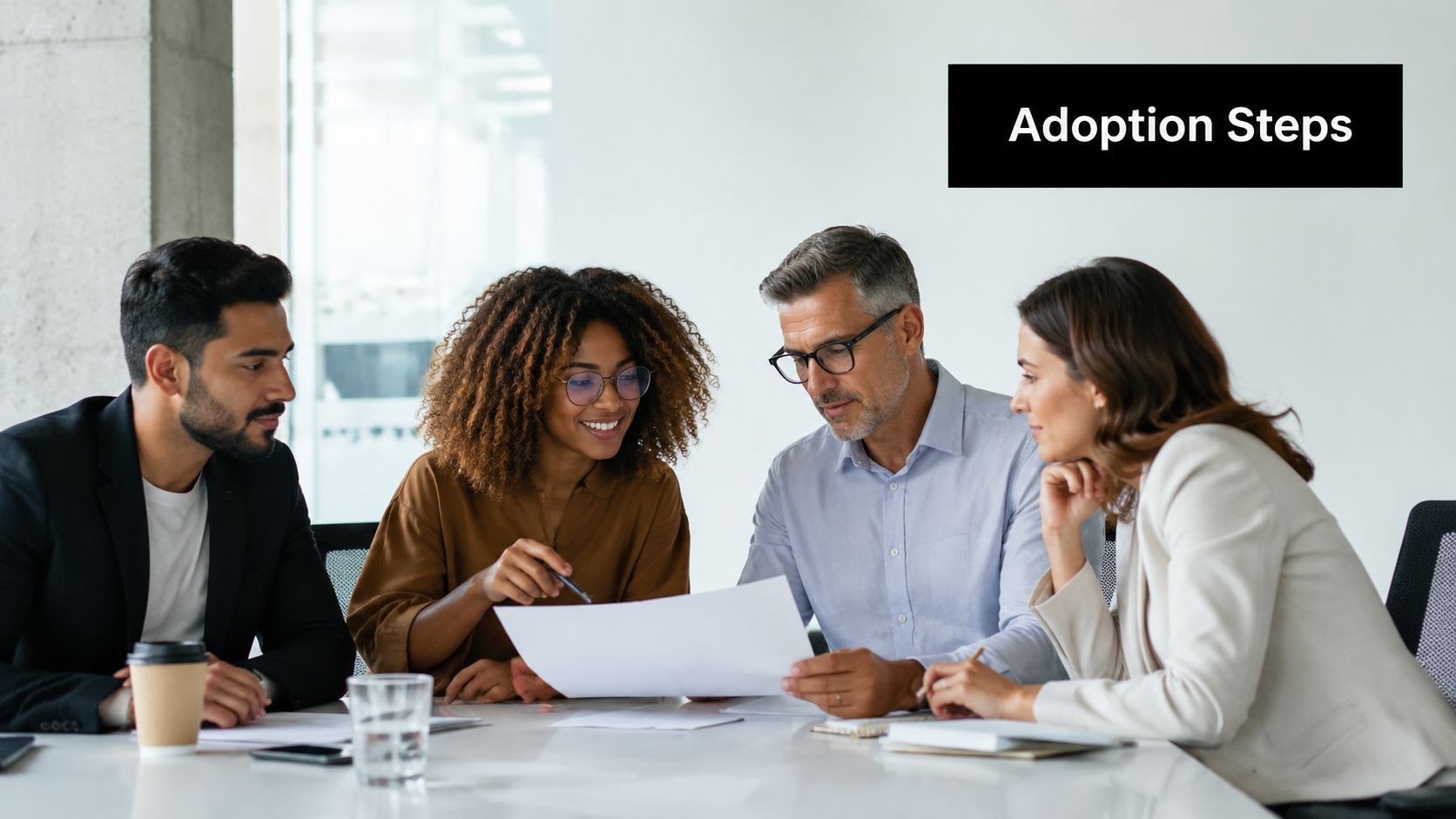 A diverse group of four professionals collaborating and discussing business documents in a modern office meeting room.