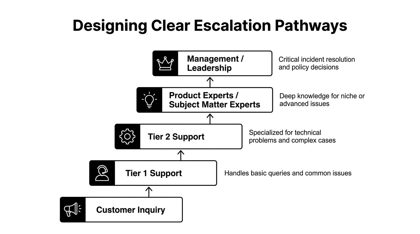 A diagram illustrating a tiered customer escalation pathway, from initial inquiries to management and leadership resolution.