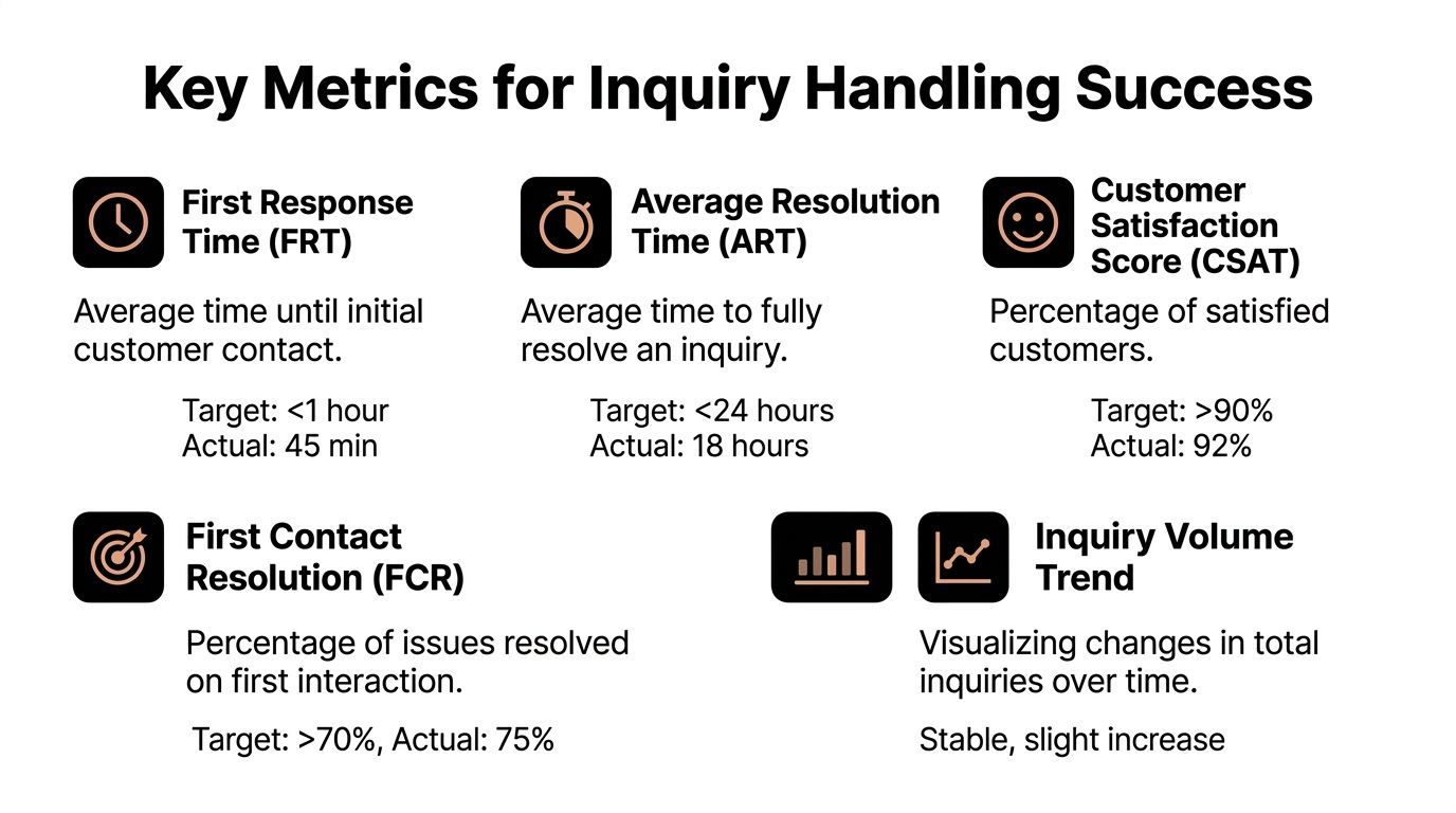 An infographic showing key performance indicators for customer inquiry handling with target and actual values.