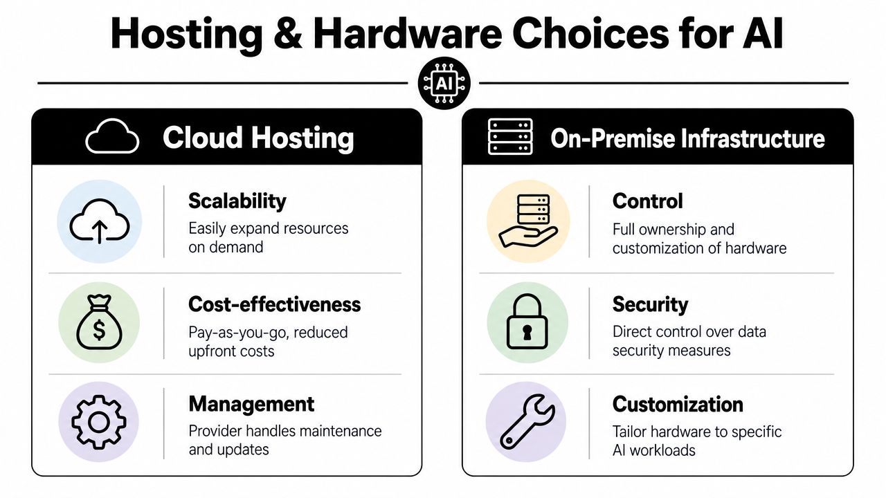 A comparison chart outlining the pros and cons of Cloud Hosting versus On-Premise Infrastructure for AI.
