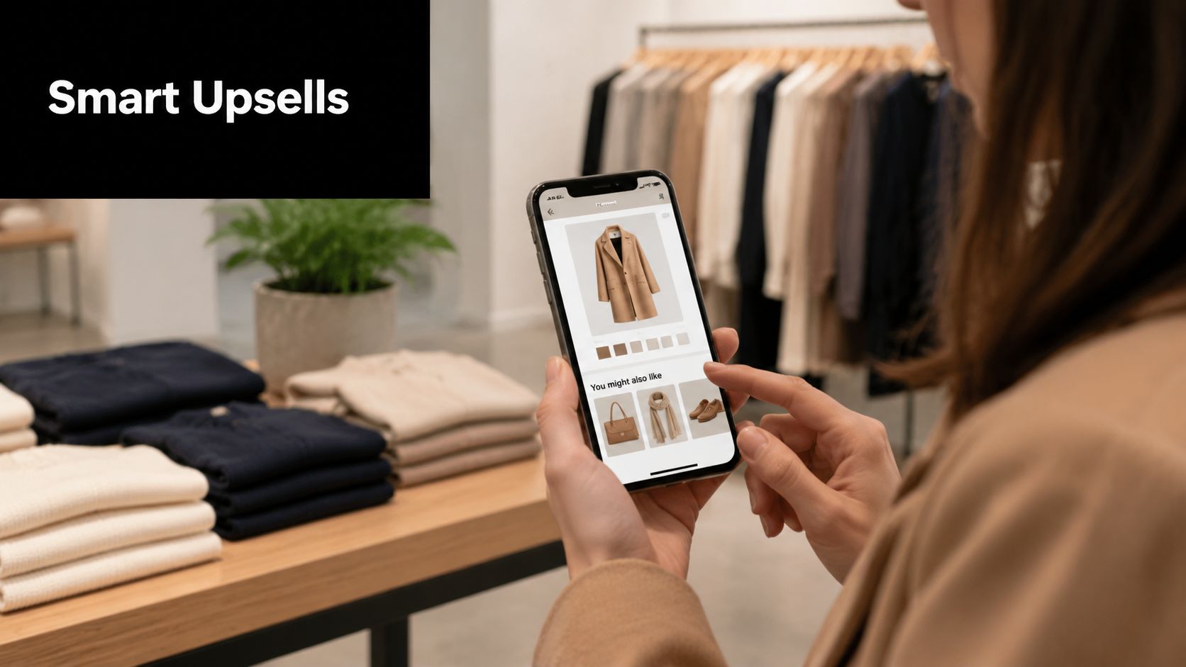 A shopper using a smartphone to view a coat and related product suggestions in a store.