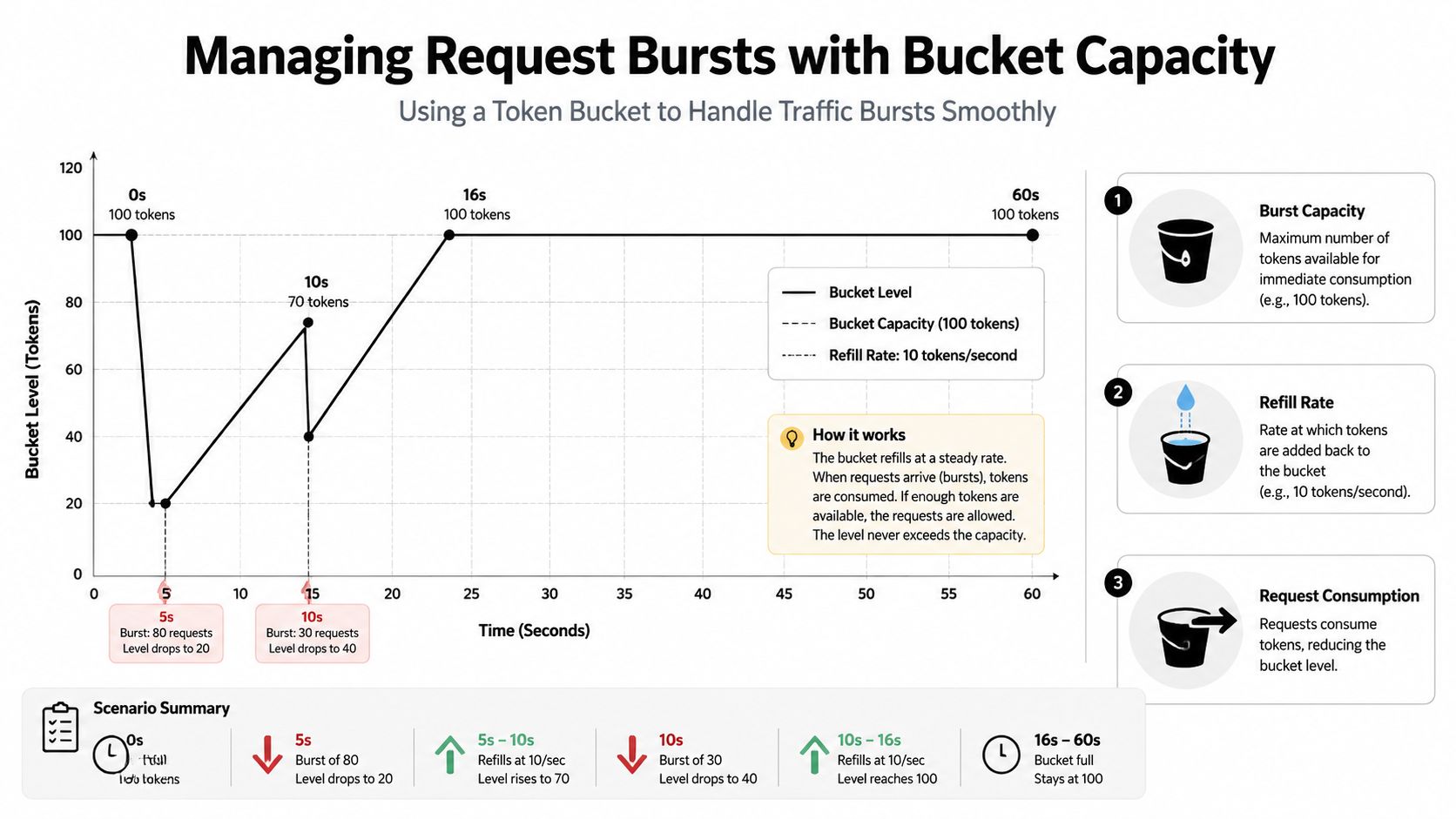 A diagram illustrating the token bucket algorithm, explaining how request bursts are managed and tokens are refilled.
