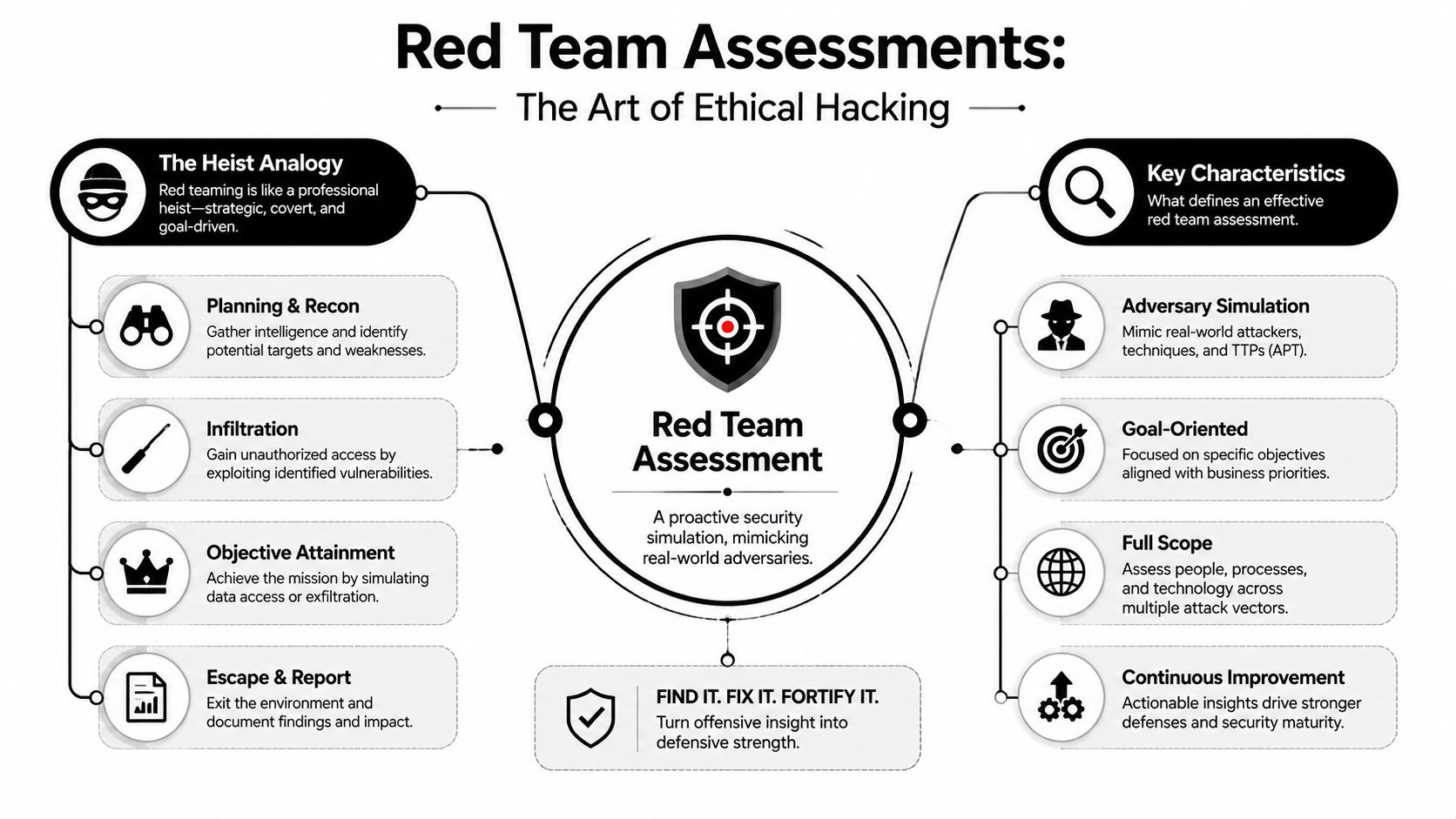 An infographic titled Red Team Assessments illustrating the process, key characteristics, and objectives of ethical hacking simulations.