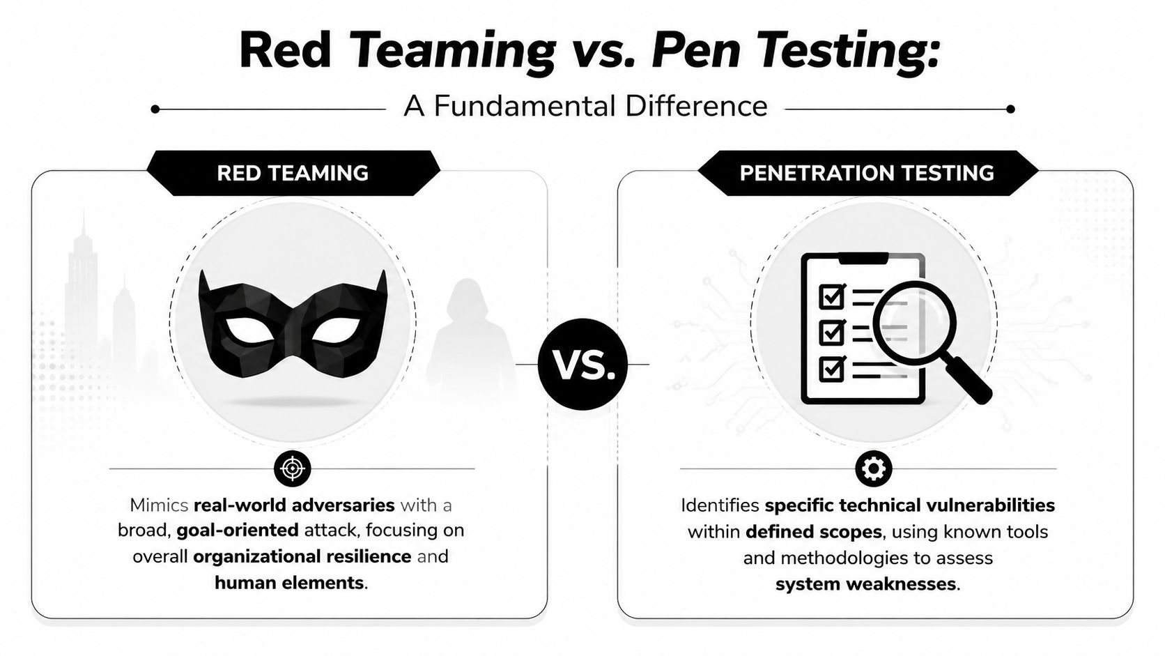 A comparison chart explaining the key differences between red teaming and penetration testing methodologies.