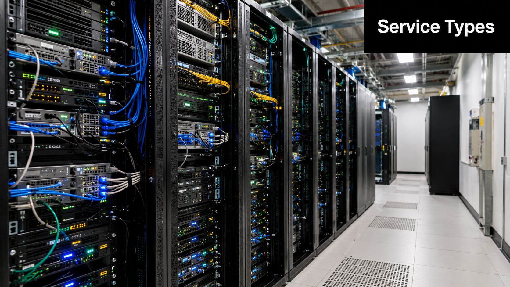 A view of modern server racks inside a data center with blue and yellow networking cables.