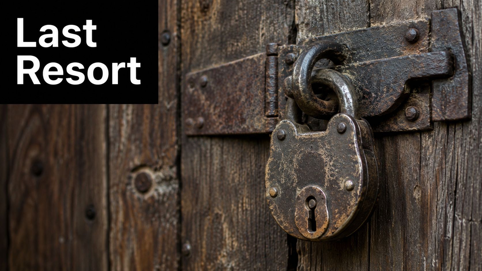 A rustic, weathered wooden door secured by a heavy, old-fashioned, rusted metal padlock and latch mechanism.