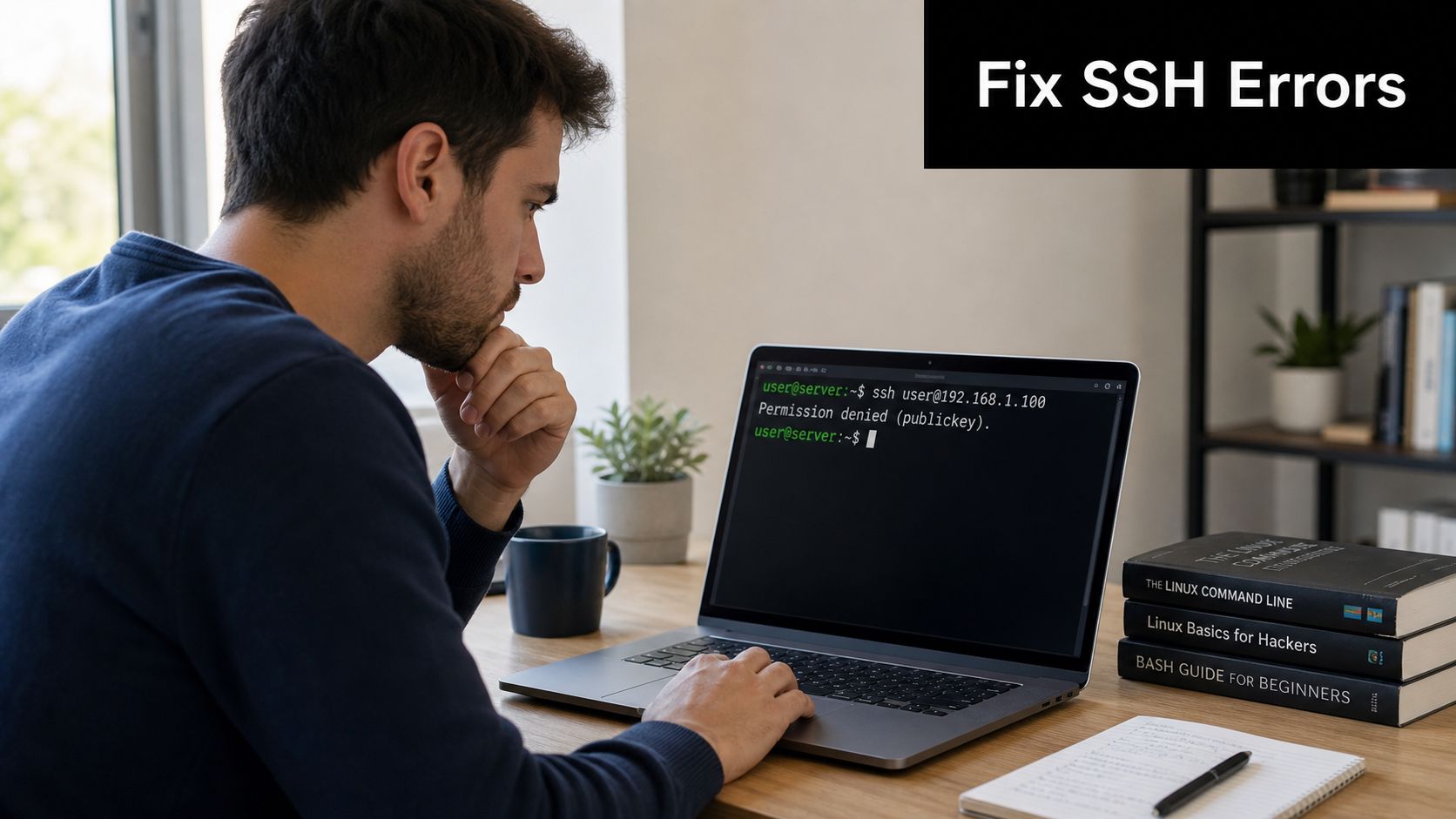 A man working on a laptop showing an SSH publickey permission denied error in a terminal window.