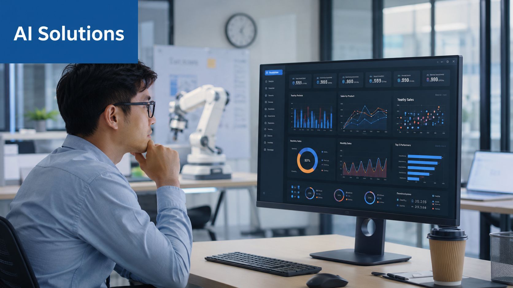 A professional analyzing AI-driven data analytics and robotic arm automation charts on a large computer monitor.