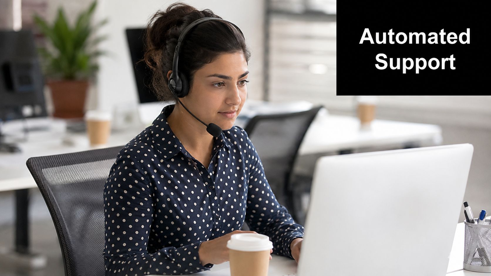 A female customer support agent wearing a headset and sitting at a desk while using a laptop.
